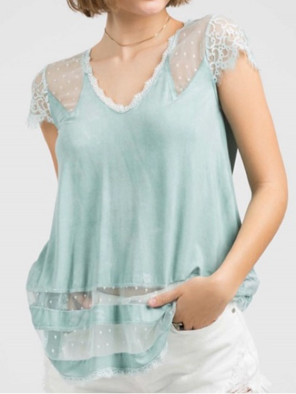 POL Women’s Jersey Cap Sleeve Lace Top Seafoam Mint Tunic Top size L